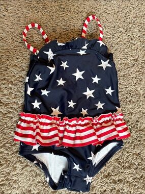 OshKosh B'gosh Navy One-Piece Swimsuit with Red & White Stripe Ruffle